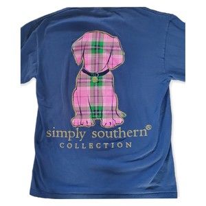 Simply Southern Long Sleeve T-Shirt Blue w/ Pink Plaid Puppy Glitter Size Small